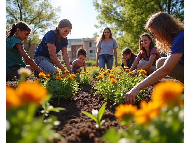 Volunteers planting native Colorado wildflowers in a community garden, demonstrating environmental impact.