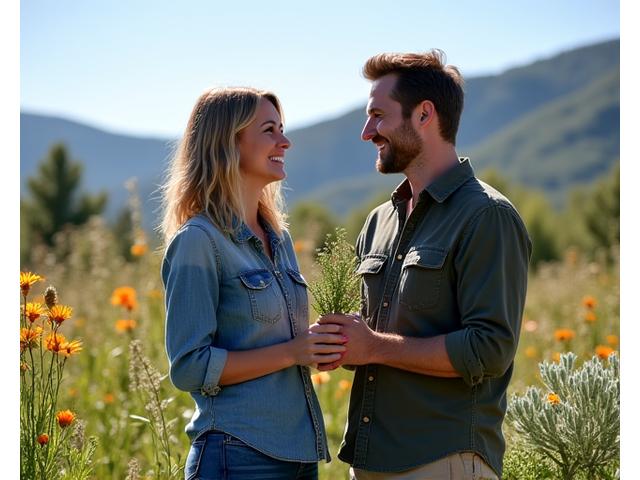 Two founders smiling in a beautiful, sustainable Colorado mountain garden, surrounded by native plants with foothills in the background.