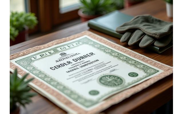 Certificates and awards displayed on a wooden table with garden tools, representing professional recognition.