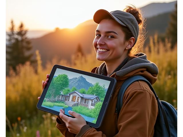 A student using a digital tablet outdoors, overlaying a landscape design on a real-world garden, representing technology integration.