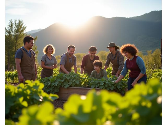 Diverse group of gardeners happily collaborating in a vibrant community garden in Boulder, Colorado