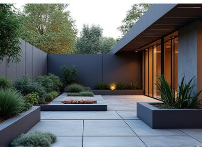 A digital rendering of a modern minimalist landscape template with clean lines, geometric planters, and a small water feature.