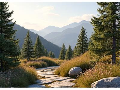 A digital rendering of a rustic mountain landscape template with natural stone pathways and native conifers.