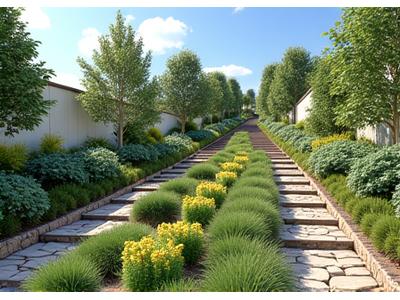 A digital rendering of a specialty landscape template designed for a sloped backyard, featuring terracing and erosion control plants.