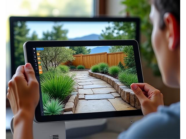 Interactive digital landscaping tool showing a Boulder backyard design with garden elements and a mountain backdrop.