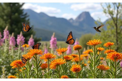 A vibrant native plant garden in Boulder, full of butterflies and hummingbirds, representing successful ecological landscaping.