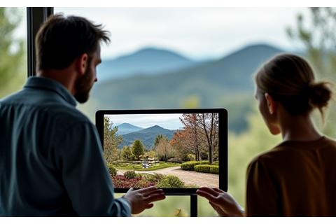 Professional landscaper using a tablet to showcase a 3D landscape design to a client, with a Boulder mountain peak in the background.
