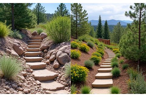 Before and after photos of a sloped Boulder backyard transformation, showing a rocky, overgrown area turn into a beautiful terraced garden.