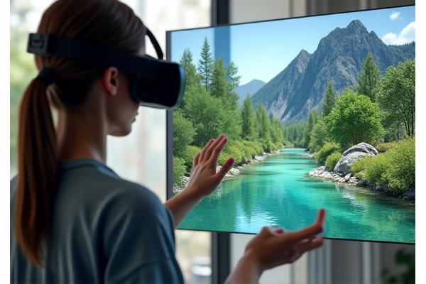 Person wearing VR headset, experiencing a virtual landscape design walkthrough on a tablet screen. Represents immersive visualization technology.