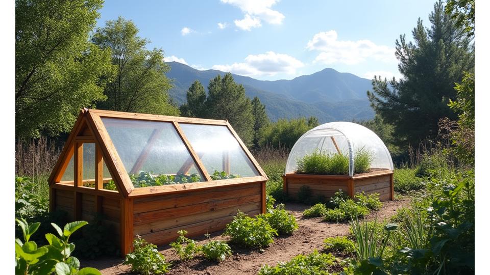 A beautifully constructed cold frame next to a small, efficient greenhouse in a mountain garden.