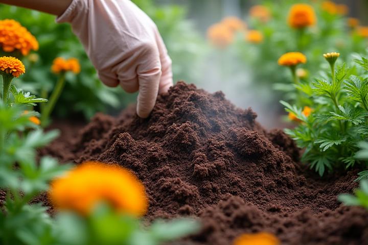 A gardener inspecting a thriving compost pile, with garden tools nearby.