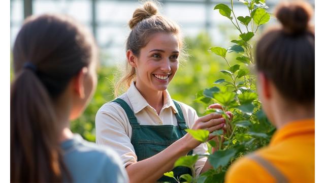 Expert instructor, Dr. Elara Vance, teaching high-altitude gardening techniques in a sunlit greenhouse.