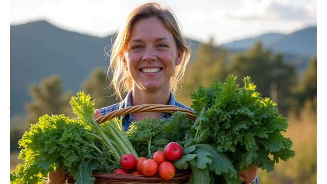 A community garden member proudly displaying a bountiful harvest of high-altitude grown carrots and leafy greens.