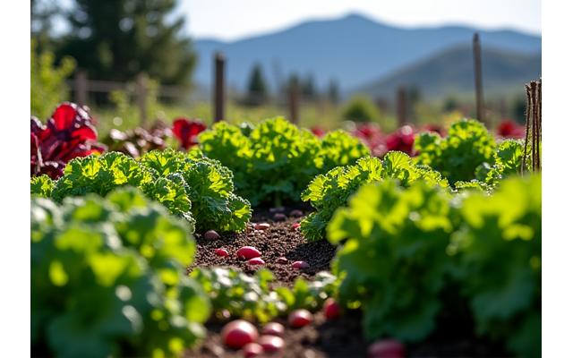 A vibrant variety of cold-hardy vegetables like kale, spinach, and radishes growing in raised beds.