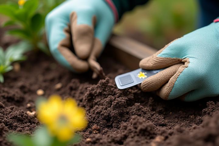 A close-up of a hand collecting a soil sample with testing equipment in the background.