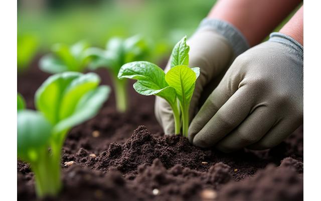 A hand planting small seedlings into a garden bed, illustrating succession planting.