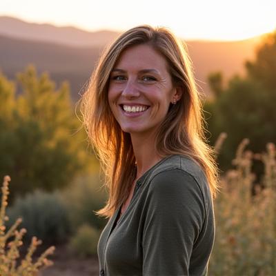 Portrait of Elara Thorne, a skilled landscape architect with a warm smile, standing in a beautiful, natural garden with mountain views at golden hour.