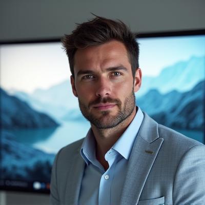 Portrait of Kai Anders, a technology specialist, looking thoughtfully at a computer screen displaying landscape design software, with a subtle smirk, in a well-lit, modern office.
