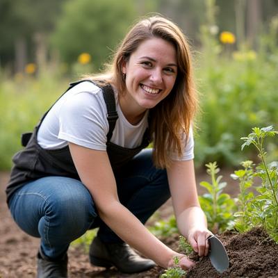 Portrait of River Stone, a hands-on landscape project manager, kneeling in a freshly planted garden, demonstrating plant care with a trowel, wearing practical work attire.
