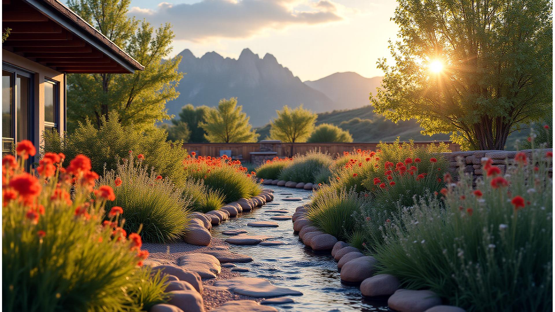 Stunning mountain-style landscaped backyard in Boulder, Colorado showing natural stone, drought-tolerant plants, and a serene outdoor living space.