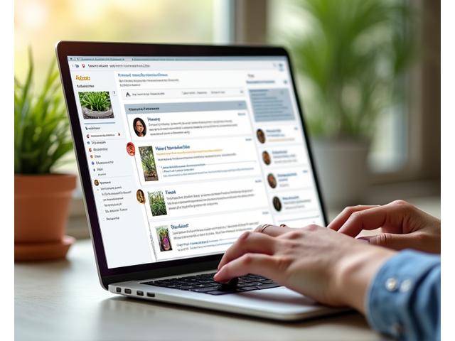 Vibrant online forum interface displayed on a laptop, showing active discussions among gardening enthusiasts with profile pictures and plant icon, fostering a sense of community.