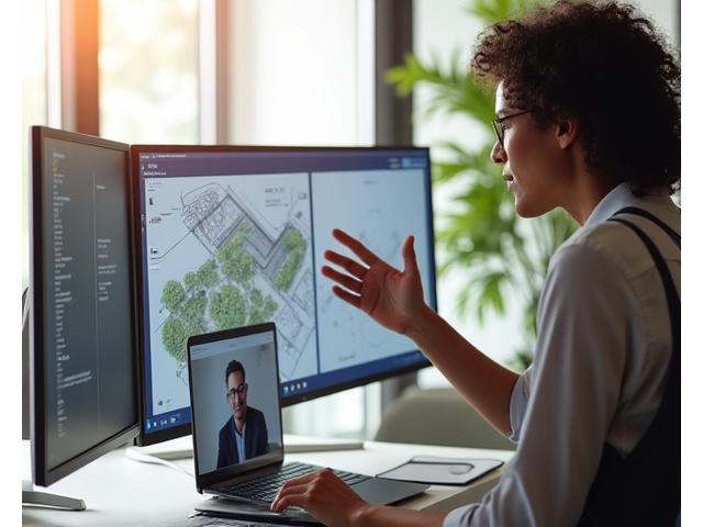 A landscape architect engaged in a virtual call, pointing to design plans on a large screen while discussing with a client, demonstrating a professional consultation.