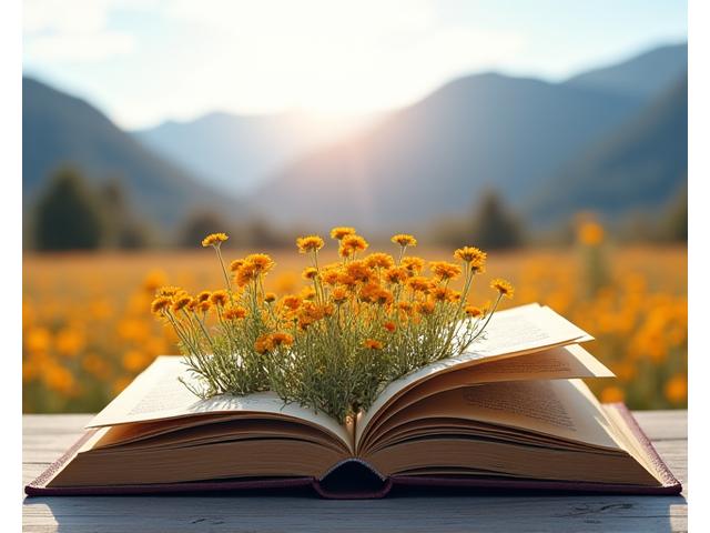 Open textbook and a blooming native Colorado wildflower field with mountains in the background.