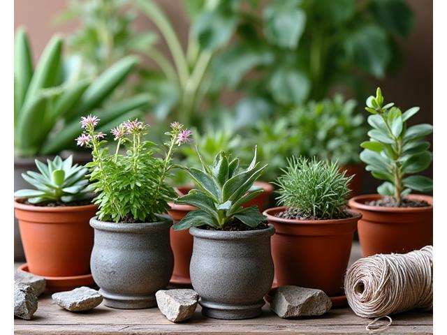 Beautifully arranged collection of drought-tolerant native plants in biodegradable pots, surrounded by natural river rocks and sustainable gardening tools, ready for a landscaping project.