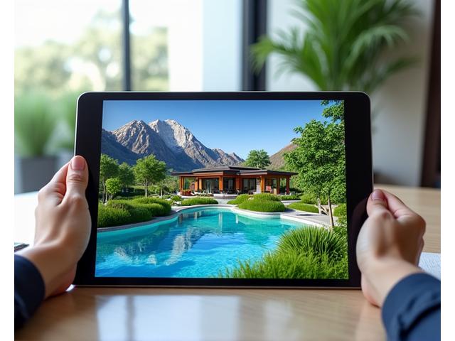 Digital tablet displaying a vibrant 3D landscape design with interactive plant selections and irrigation lines, set against a backdrop of a mountain home.