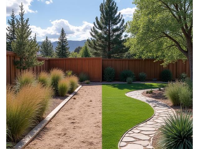 Before and after photo slider showing a barren Boulder backyard transformed into a lush evergreen retreat with native evergreens and stone pathways.