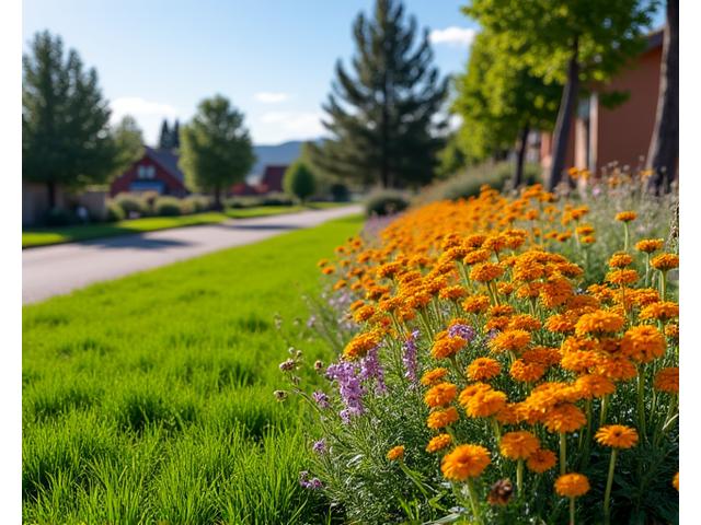 Before and after photo slider of a typical suburban Boulder lawn converted into a vibrant pollinator garden teeming with hummingbirds and bees.