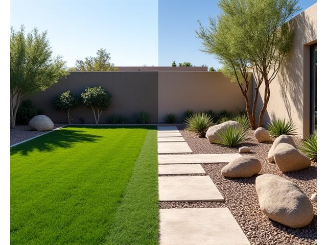 Before and after photo slider illustrating a traditional thirsty landscape changed into a serene xeriscape garden with succulents, gravel, and sculptural elements.