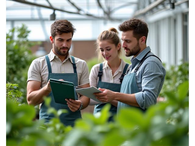 Team of horticulturalists in a greenhouse examining plant data and discussing plant health