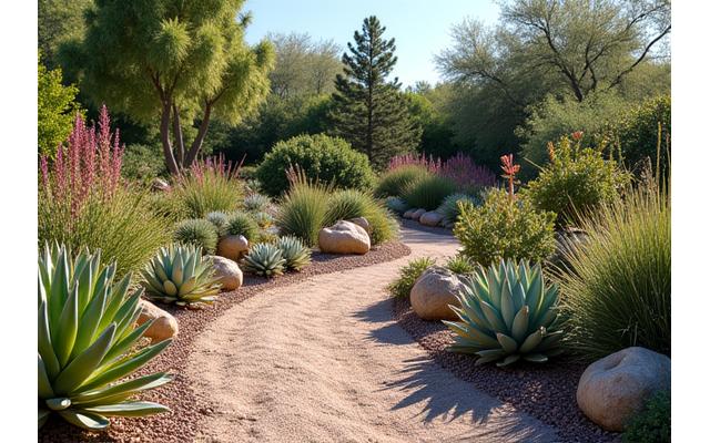 Xeriscape garden with succulents, ornamental grasses, and rock features under a bright sun