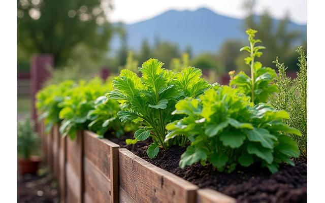 Raised garden bed featuring high-altitude herbs and vegetables
