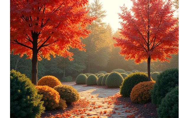 Deciduous trees with fiery autumn foliage against a mountainous background