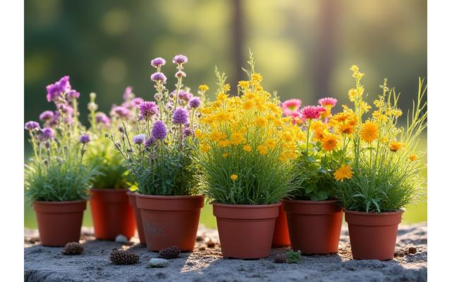 Assortment of native Colorado wildflowers and grasses in biodegradable pots