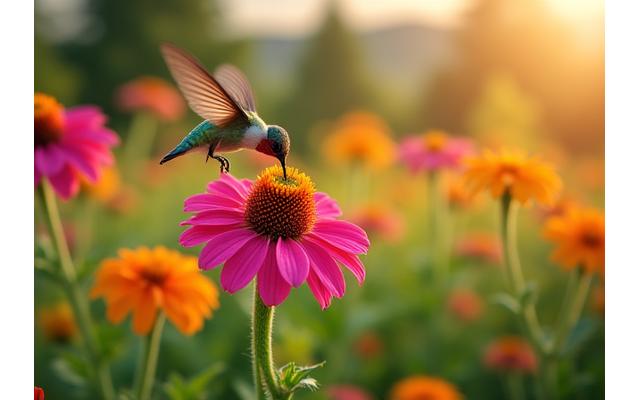 Hummingbird feeding on colorful native flowers in a vibrant garden