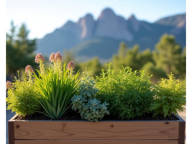 Vibrant, healthy plants in a curated landscaping kit, ready for planting, set against a Boulder mountain backdrop.