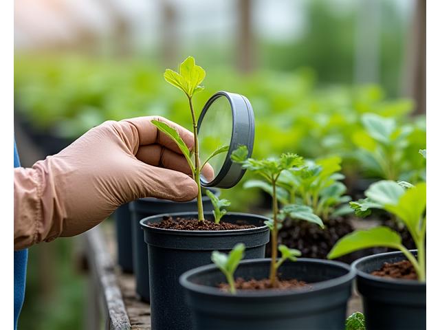 Close-up of a gardener inspecting a healthy plant with a magnifying glass, focusing on quality