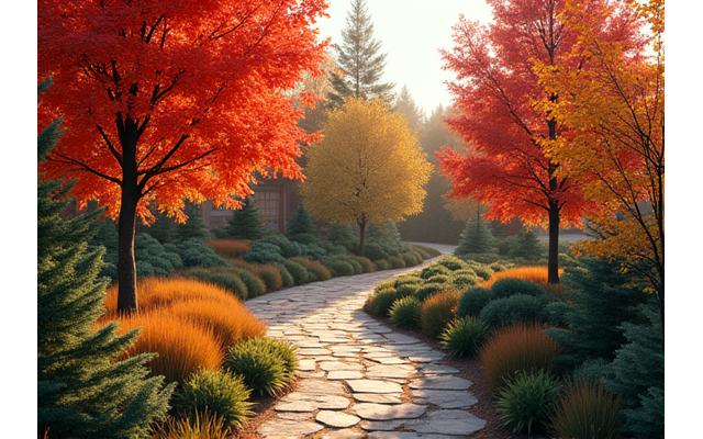 Autumn landscape with changing leaf colors and evergreen shrubs