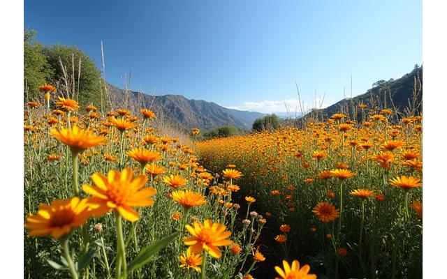 Resilient, colorful alpine flowers blooming under intense summer sun