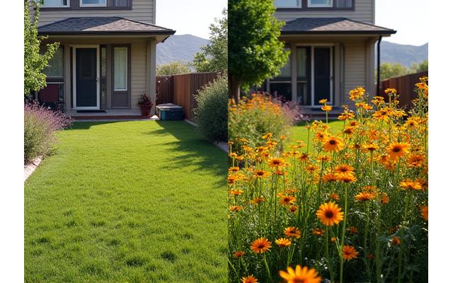 Before and after of a small Boulder backyard transformed into a vibrant pollinator garden using a Vastrellodrium kit.