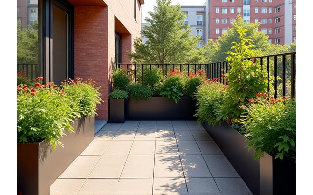 Before and after of a small patio space transformed into an edible urban garden using a Vastrellodrium kit.