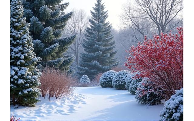 Snow-dusted evergreens and a sculptural red dogwood in a winter garden
