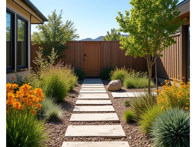 After image: Modern xeriscaped backyard with native plants and rock features.