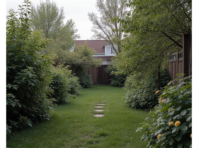 Before image of an overgrown, chaotic backyard.
