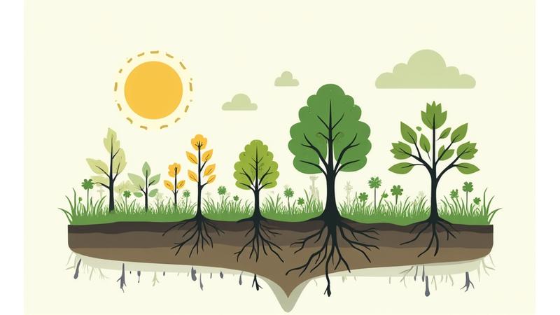An illustrative diagram showing an integrated native plant ecosystem with layers of plants, soil, and interacting wildlife.