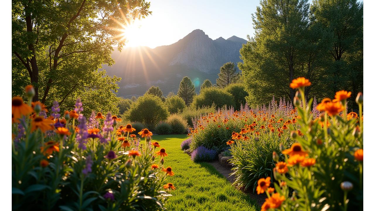 A vibrant backyard landscape in Boulder designed with native Colorado plants, showcasing drought-resistant flora and attracting pollinators.