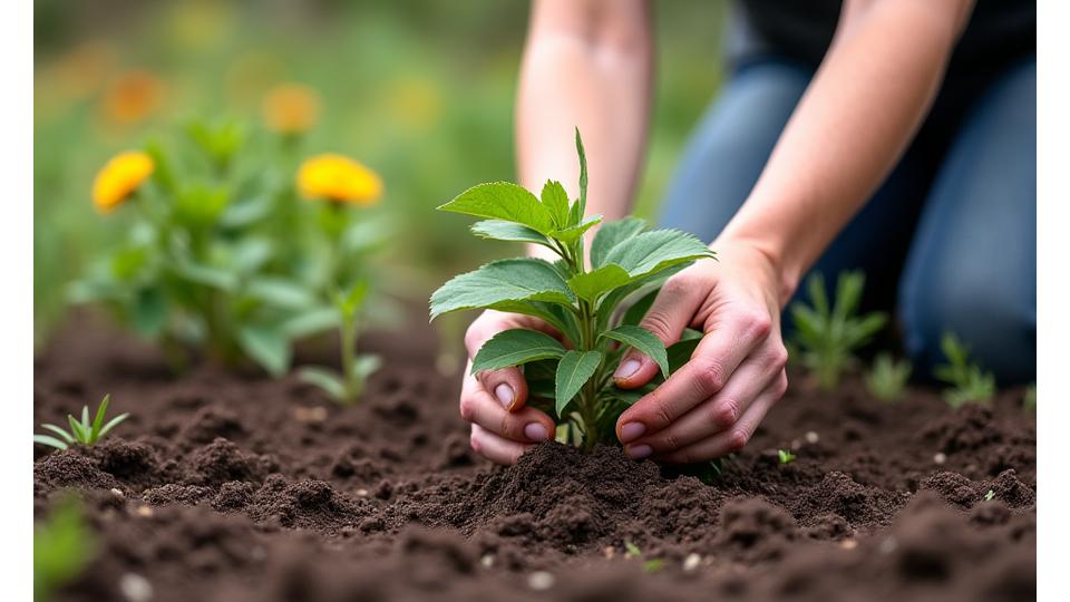 A homeowner carefully planting a native shrub in a newly prepared garden bed, demonstrating proper planting technique.